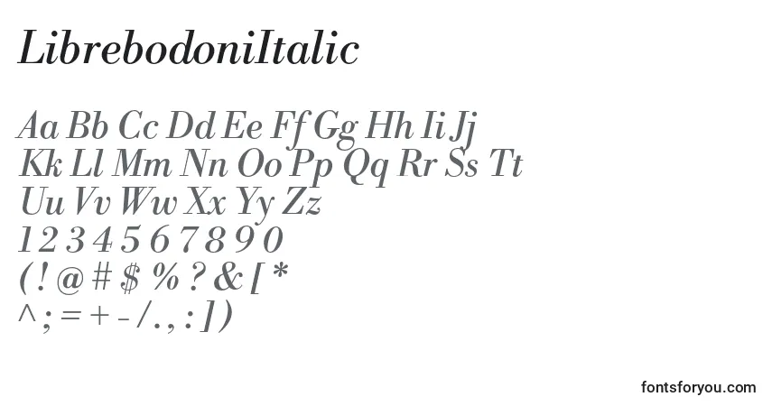 A fonte LibrebodoniItalic (116255) – alfabeto, números, caracteres especiais