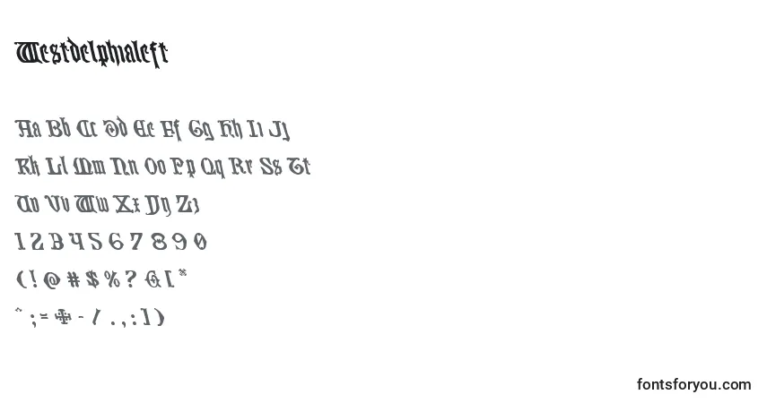 Czcionka Westdelphialeft – alfabet, cyfry, specjalne znaki