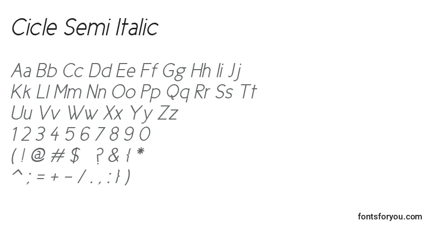 A fonte Cicle Semi Italic – alfabeto, números, caracteres especiais