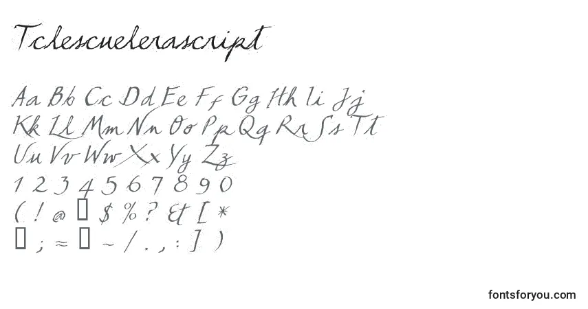 A fonte Tclescuelerascript – alfabeto, números, caracteres especiais