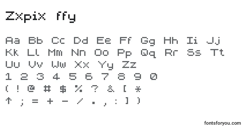 Czcionka Zxpix ffy – alfabet, cyfry, specjalne znaki