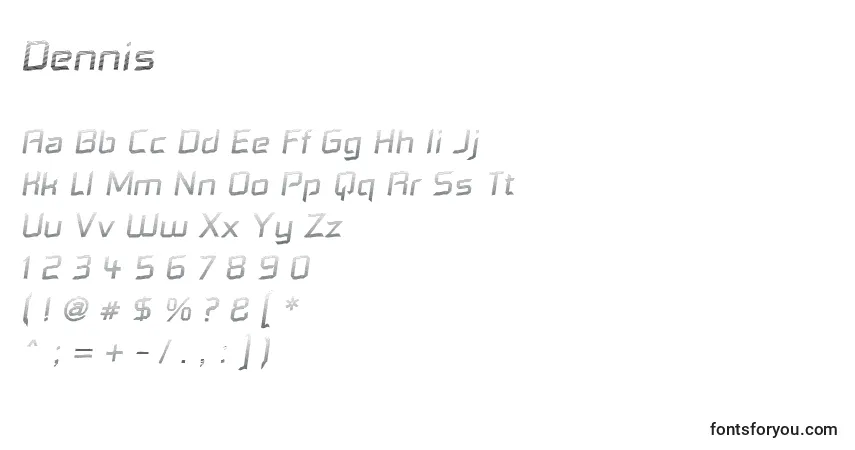 A fonte Dennis – alfabeto, números, caracteres especiais