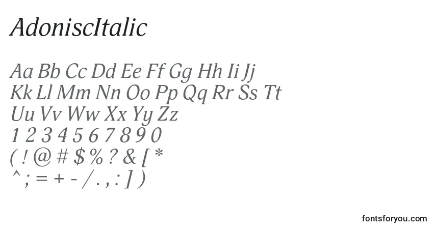 Schriftart AdoniscItalic – Alphabet, Zahlen, spezielle Symbole