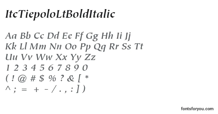 Schriftart ItcTiepoloLtBoldItalic – Alphabet, Zahlen, spezielle Symbole
