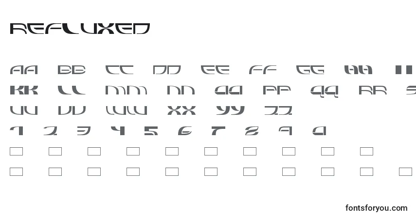 Czcionka Refluxed – alfabet, cyfry, specjalne znaki