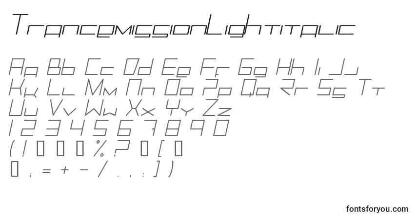 Schriftart TrancemissionLightitalic – Alphabet, Zahlen, spezielle Symbole