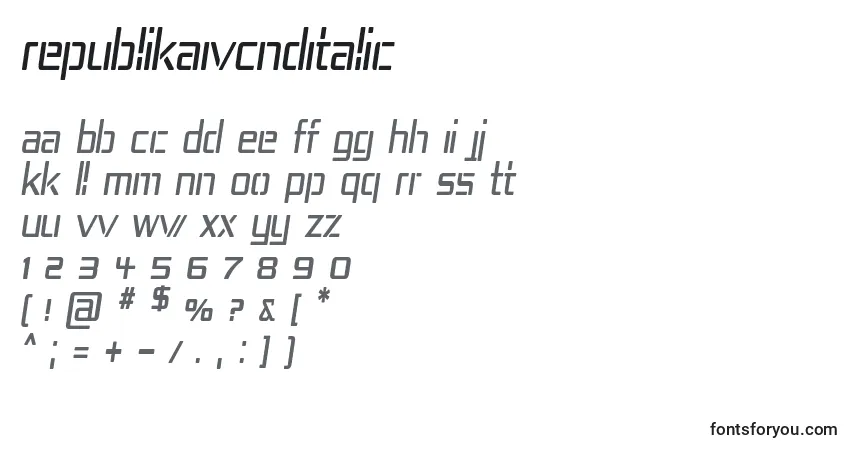 Schriftart RepublikaIvCndItalic – Alphabet, Zahlen, spezielle Symbole