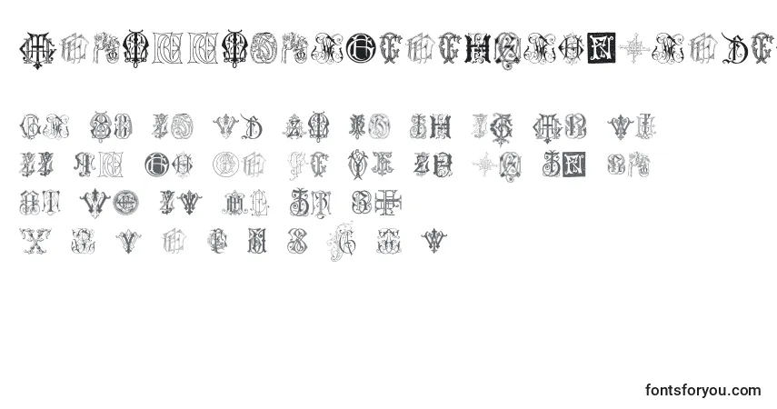 A fonte IntellectaMonogramsRandomSamplesSeven – alfabeto, números, caracteres especiais