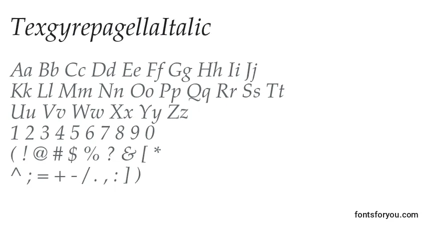TexgyrepagellaItalic-fontti – aakkoset, numerot, erikoismerkit