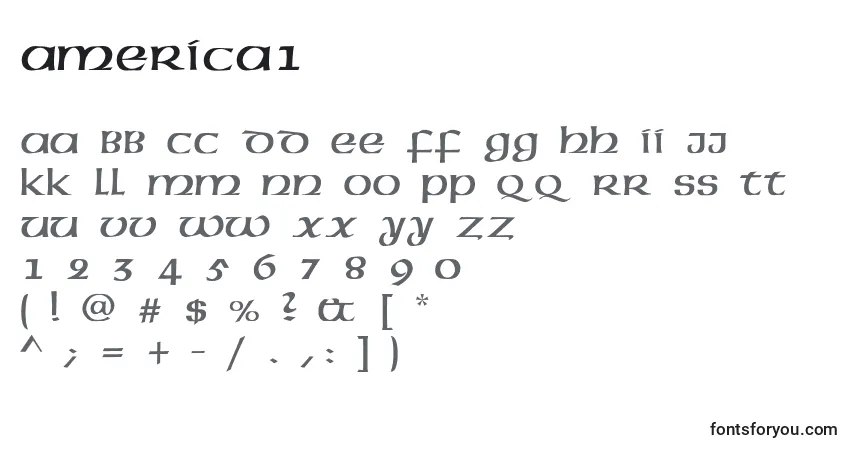 Czcionka America1 – alfabet, cyfry, specjalne znaki