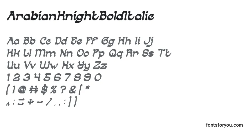 A fonte ArabianKnightBoldItalic – alfabeto, números, caracteres especiais