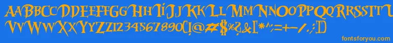 フォントRiky2vamp – オレンジ色の文字が青い背景にあります。
