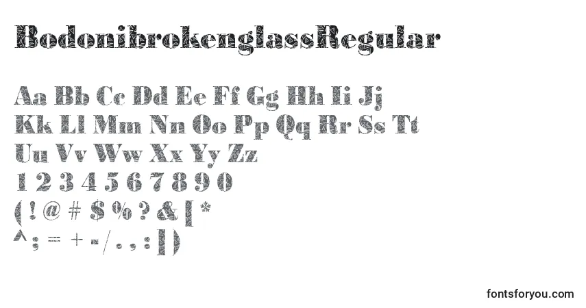 A fonte BodonibrokenglassRegular – alfabeto, números, caracteres especiais
