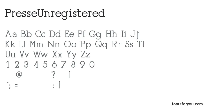 Шрифт PresseUnregistered – алфавит, цифры, специальные символы