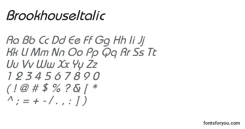 A fonte BrookhouseItalic – alfabeto, números, caracteres especiais