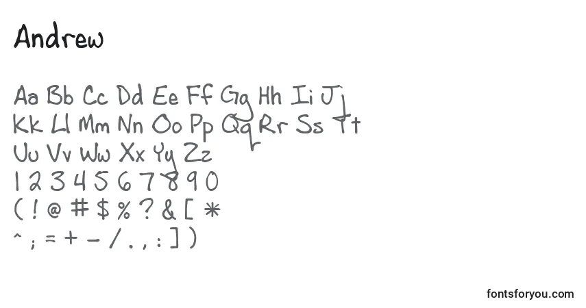 A fonte Andrew – alfabeto, números, caracteres especiais