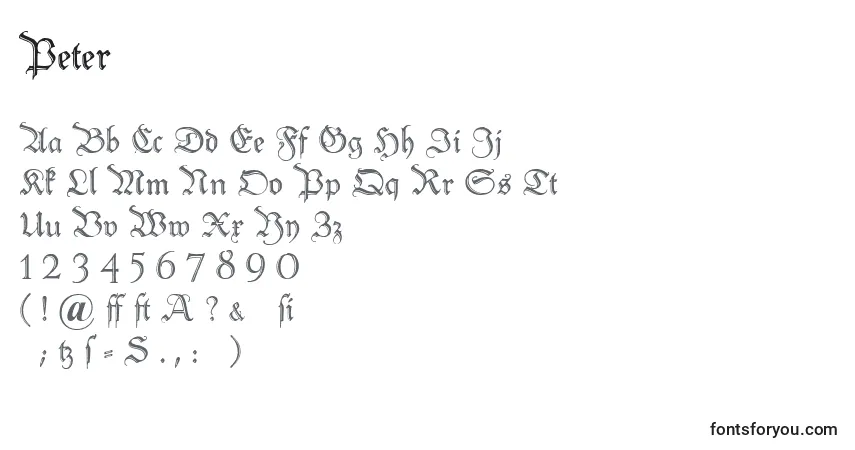 A fonte Peter – alfabeto, números, caracteres especiais