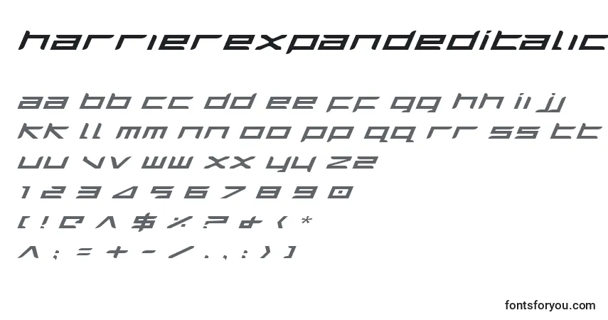 Czcionka HarrierExpandedItalic – alfabet, cyfry, specjalne znaki