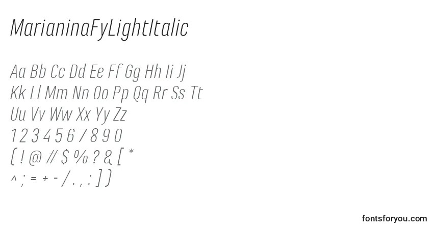 MarianinaFyLightItalicフォント–アルファベット、数字、特殊文字
