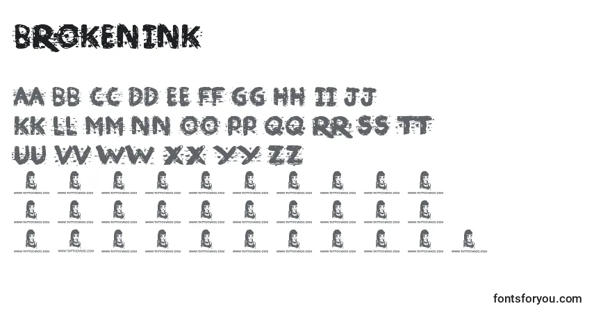 Czcionka BrokenInk – alfabet, cyfry, specjalne znaki