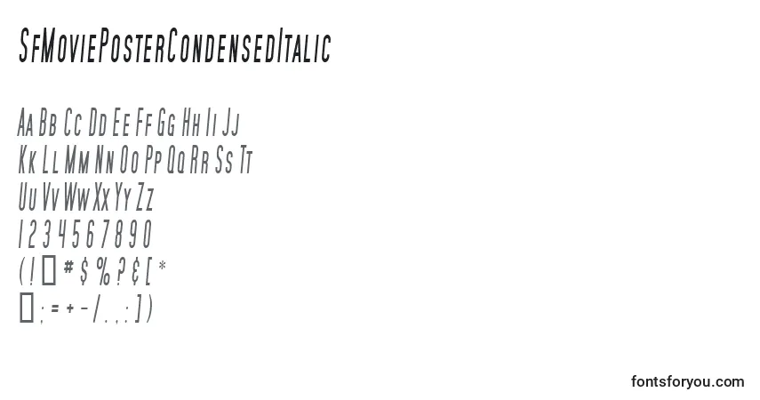 Schriftart SfMoviePosterCondensedItalic – Alphabet, Zahlen, spezielle Symbole