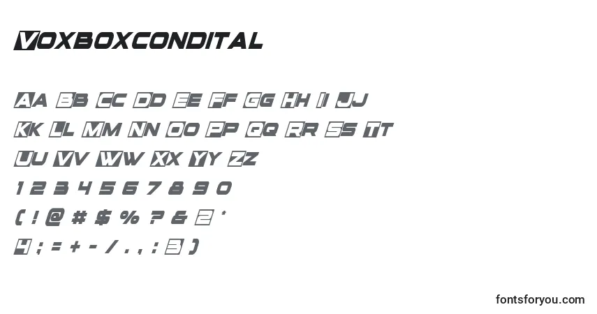 A fonte Voxboxcondital – alfabeto, números, caracteres especiais