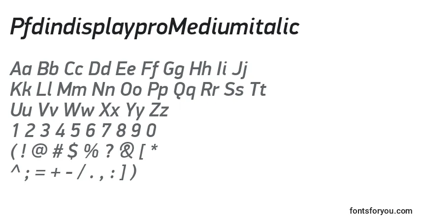 A fonte PfdindisplayproMediumitalic – alfabeto, números, caracteres especiais