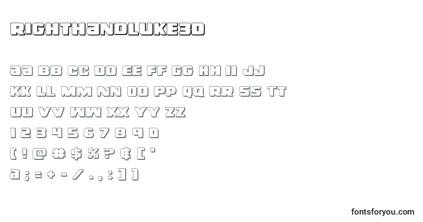 Czcionka Righthandluke3D – alfabet, cyfry, specjalne znaki