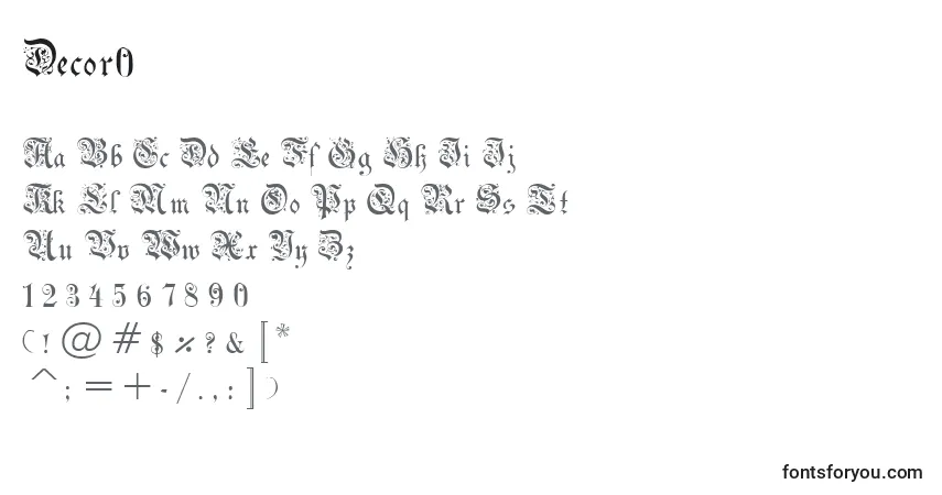 Czcionka Decor0 – alfabet, cyfry, specjalne znaki