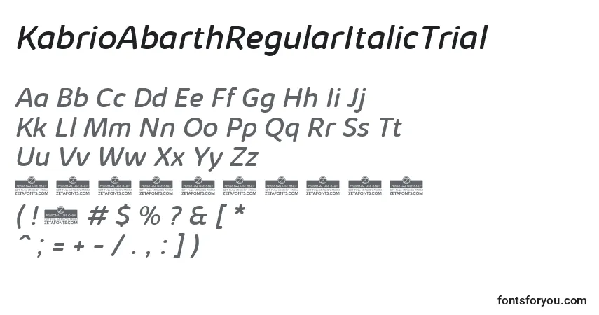 Czcionka KabrioAbarthRegularItalicTrial – alfabet, cyfry, specjalne znaki