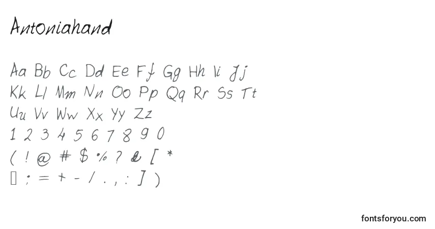 Czcionka Antoniahand – alfabet, cyfry, specjalne znaki