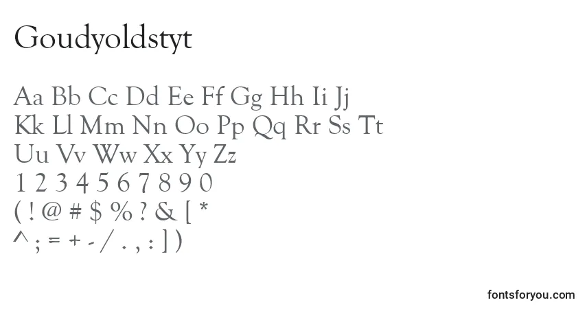 Czcionka Goudyoldstyt – alfabet, cyfry, specjalne znaki