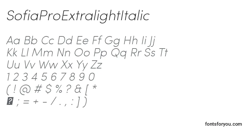 A fonte SofiaProExtralightItalic – alfabeto, números, caracteres especiais