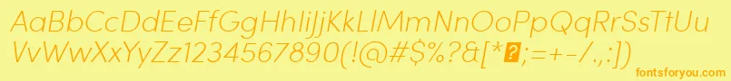 フォントSofiaProExtralightItalic – オレンジの文字が黄色の背景にあります。