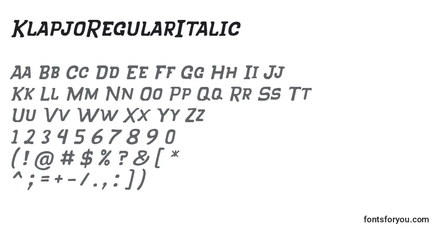 Schriftart KlapjoRegularItalic – Alphabet, Zahlen, spezielle Symbole