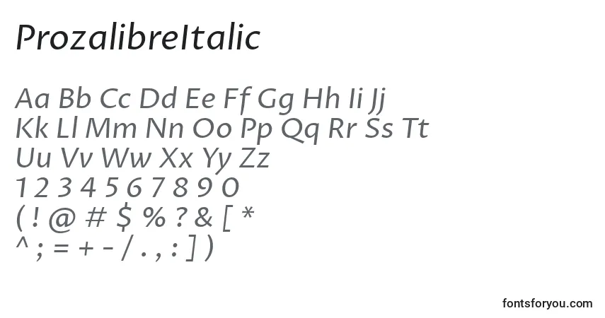 Schriftart ProzalibreItalic – Alphabet, Zahlen, spezielle Symbole