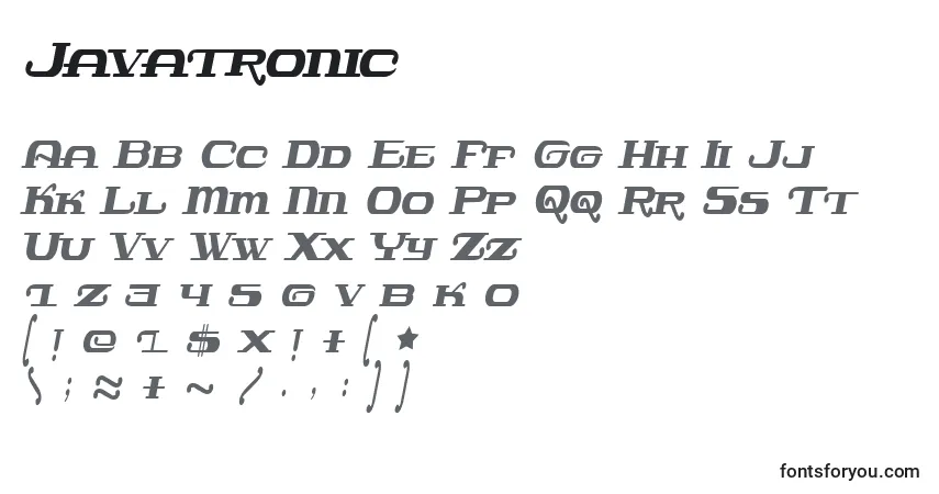 Javatronic-fontti – aakkoset, numerot, erikoismerkit