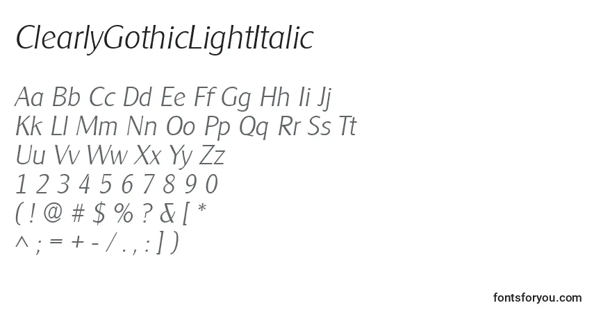 Шрифт ClearlyGothicLightItalic – алфавит, цифры, специальные символы