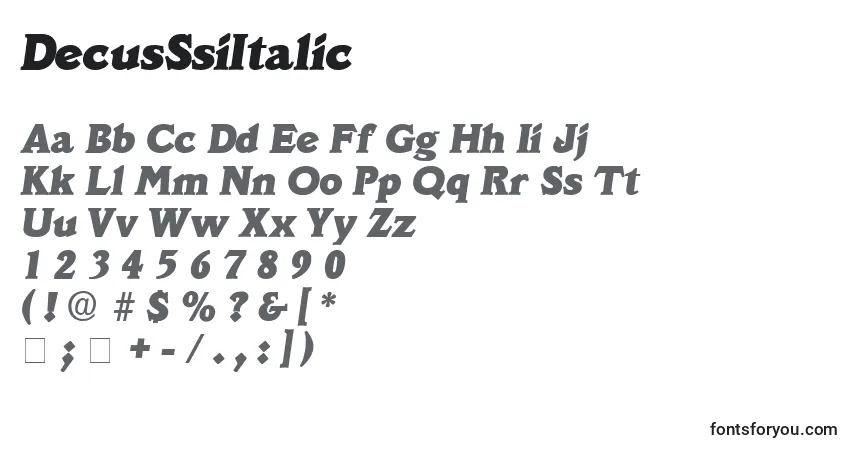 A fonte DecusSsiItalic – alfabeto, números, caracteres especiais