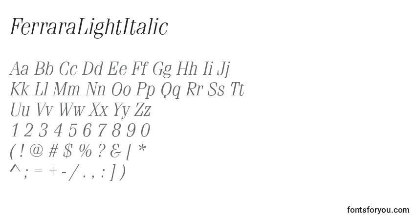 Czcionka FerraraLightItalic – alfabet, cyfry, specjalne znaki