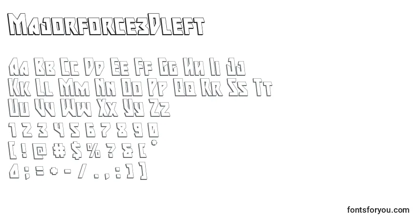 Czcionka Majorforce3Dleft – alfabet, cyfry, specjalne znaki