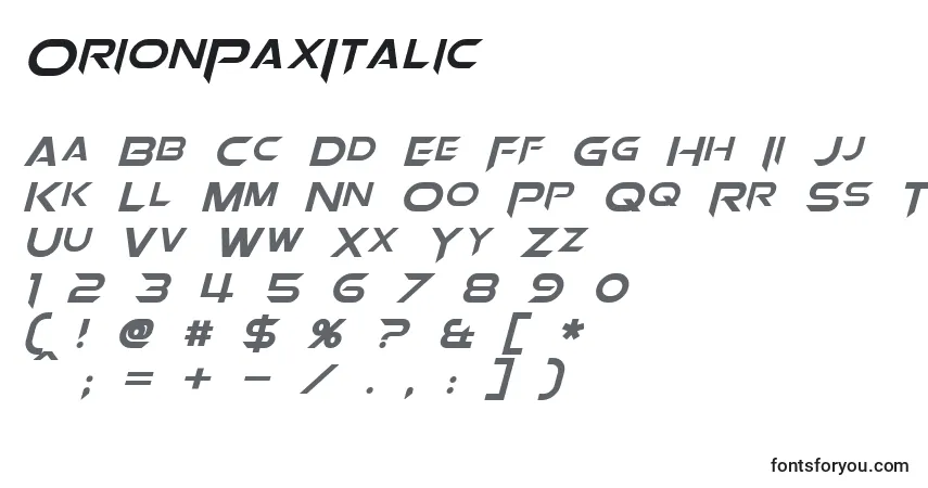 A fonte OrionPaxItalic – alfabeto, números, caracteres especiais