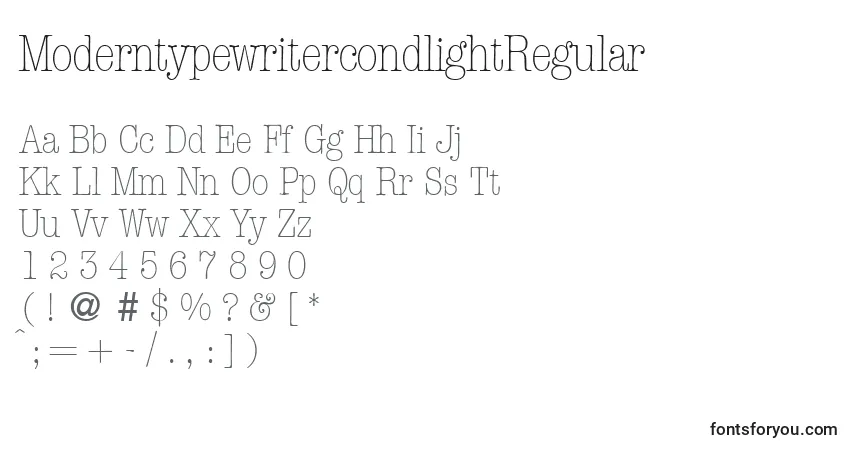 A fonte ModerntypewritercondlightRegular – alfabeto, números, caracteres especiais