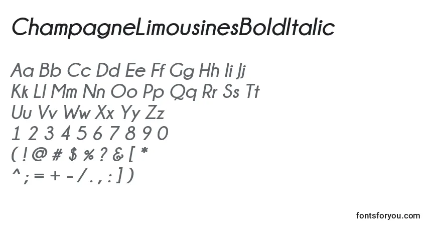 Шрифт ChampagneLimousinesBoldItalic – алфавит, цифры, специальные символы