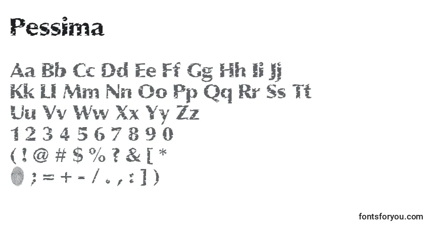Czcionka Pessima – alfabet, cyfry, specjalne znaki