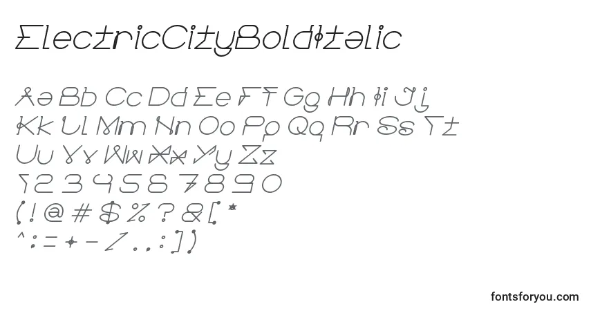 Schriftart ElectricCityBoldItalic – Alphabet, Zahlen, spezielle Symbole