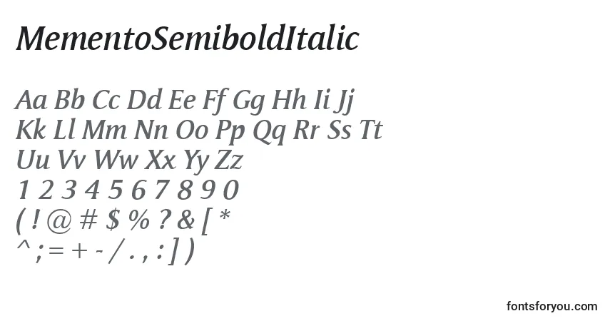 Schriftart MementoSemiboldItalic – Alphabet, Zahlen, spezielle Symbole