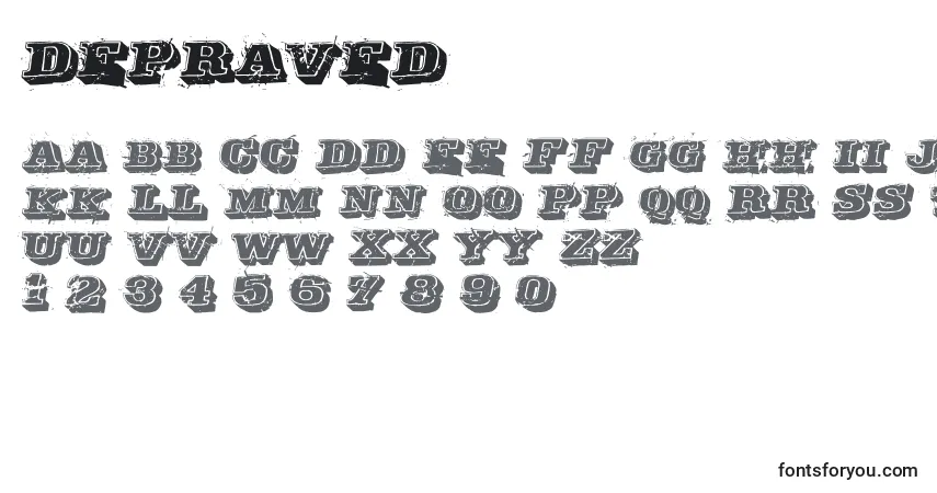 Czcionka Depraved – alfabet, cyfry, specjalne znaki