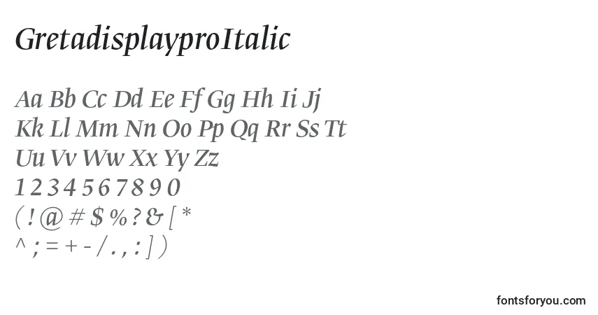 Czcionka GretadisplayproItalic – alfabet, cyfry, specjalne znaki