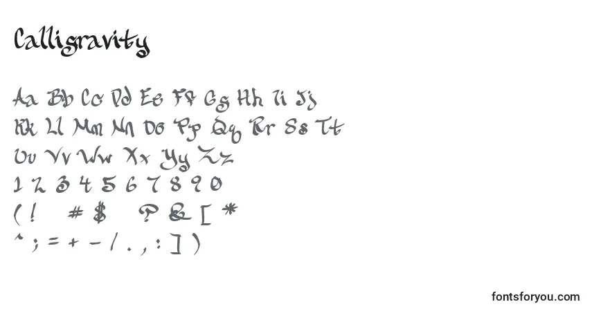 Czcionka Calligravity – alfabet, cyfry, specjalne znaki